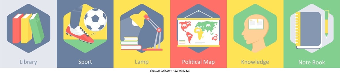 A set of 6 Education icons as library, sport, lamp
