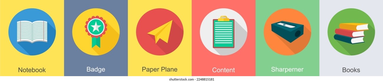 A set of 6 Education icons as notebook, badge, paper plane