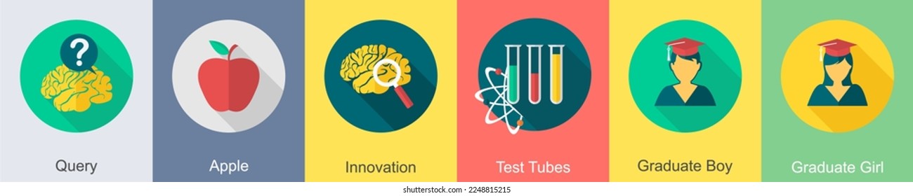 Un conjunto de 6 íconos educativos como consulta, manzana, innovación