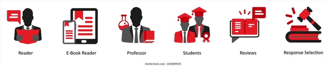 A set of 6 education icons as reader, e book reader, professor