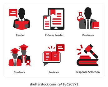 A set of 6 education icons as reader, e book reader, professor