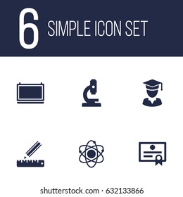 Set Of 6 Education Icons Set.Collection Of Molecule, Pencil, Blackboard And Other Elements.