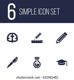 Set Of 6 Education Icons Set.Collection Of Academic Hat, Drawing Tool, Marrow And Other Elements.