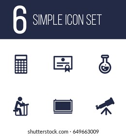 Set Of 6 Education Icons Set.Collection Of Student, Flask, Certificate And Other Elements.
