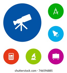 Set Of 6 Education Icons Set.Collection Of Ringing, Optical Instrument, Blackboard And Other Elements.