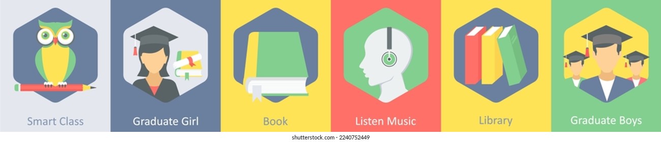 A set of 6 Education icons as smart class, graduate girl, book