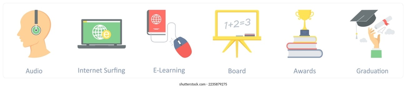 A set of 6 education icons such as graduate girl, smart solution