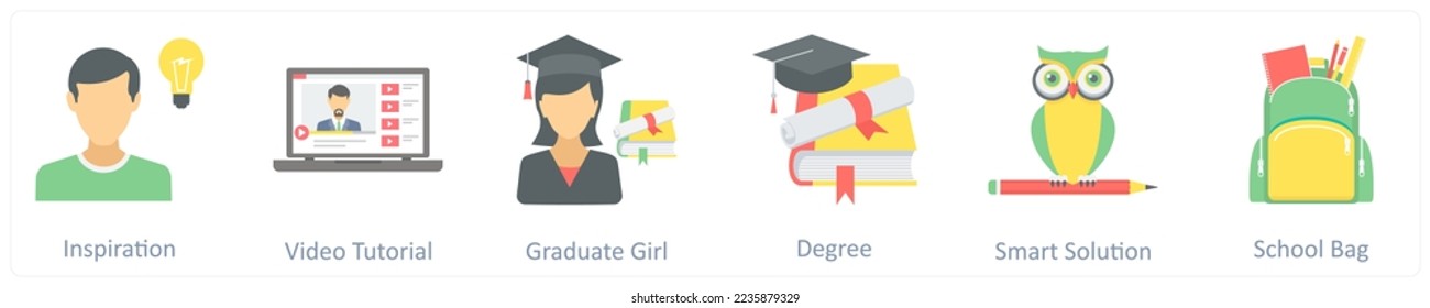 A set of 6 education icons such as graduate girl, smart solution