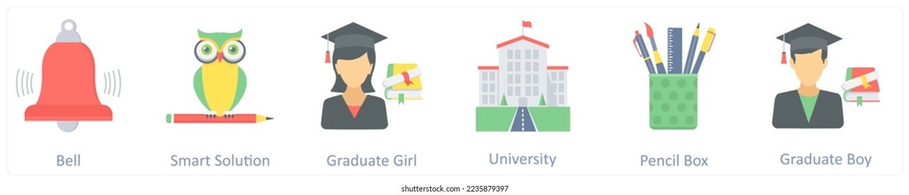 A set of 6 education icons such as graduate girl, smart solution