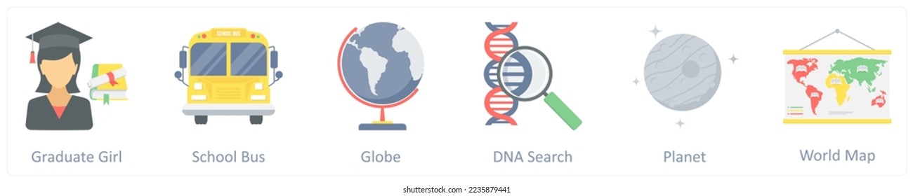 A set of 6 education icons such as graduate girl, smart solution