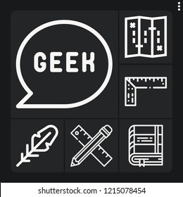 Set of 6 education outline icons such as ruler, book, pencil, geek, quill