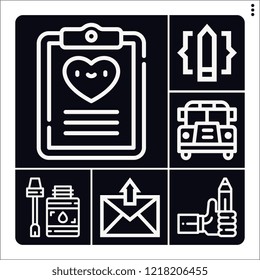 Set of 6 education outline icons such as glue, school bus, pencil, test