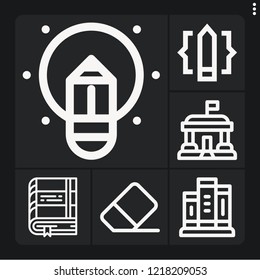 Set of 6 education outline icons such as book, idea, eraser, books, library