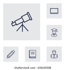 Set Of 6 Education Outline Icons Set.Collection Of Telescope, Pencil, Learning And Other Elements.