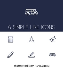 Set Of 6 Education Outline Icons Set.Collection Of Compass, Telescope, Ruler And Other Elements.