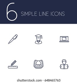 Set Of 6 Education Outline Icons Set.Collection Of Graduated, Pen, Laptop And Other Elements.