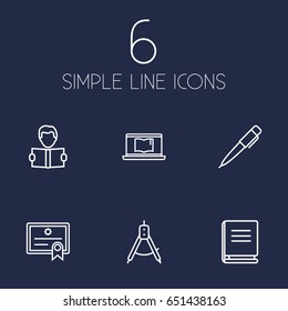 Set Of 6 Education Outline Icons Set.Collection Of Compass, Pen, Encyclopedia And Other Elements.