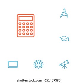 Set Of 6 Education Outline Icons Set.Collection Of School Board, Calculator, Compass And Other Elements.