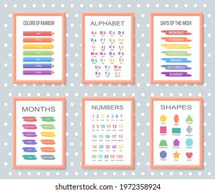 Set of 6 educational posters in frame for preschool. Vector illustration. Cartoon flat style