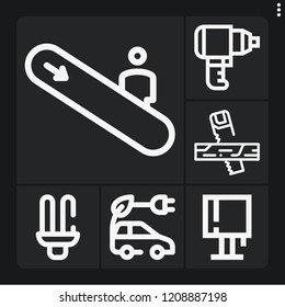Set of 6 electric outline icons such as saw, electric car, lamp, escalator