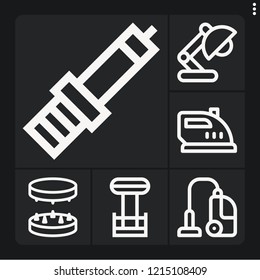 Set of 6 electric outline icons such as vacuum cleaner, spark plug, grinder, desk lamp, coil