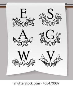 Set of 6 elegant monograms design template with letters A E S W V G. Vector illustration. Ornament elements foliage vignette floral motif engraving retro style vintage calligraphy symbol heraldic logo