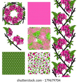 set of 6 elegant seamless patterns with decorative cherry blossom, dots, curls and abstract flowers, design elements