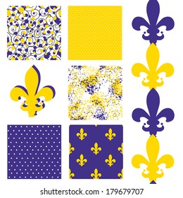 set of 6 elegant seamless patterns with lily flower symbols, dots, curls and abstract flowers, design elements