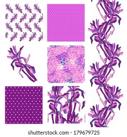 set of 6 elegant seamless patterns with decorative iris, dots and abstract flowers, design elements