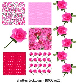 set of 6 elegant seamless patterns with decorative pink roses, dots, curls and abstract flowers, design elements