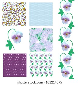 set of 6 elegant seamless patterns with soft violet pansies, dots and abstract flowers, design elements