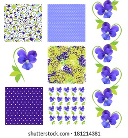 set of 6 elegant seamless patterns with decorative blue pansies, dots and abstract flowers, design elements
