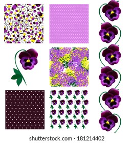 set of 6 elegant seamless patterns with decorative violet pansies, dots and abstract flowers, design elements