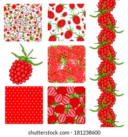 set of 6 elegant seamless patterns with ripe red raspberries, dots and abstract flowers, design elements