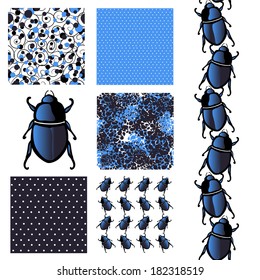 set of 6 elegant seamless patterns with decorative blue scarabs, dots and abstract flowers, design elements