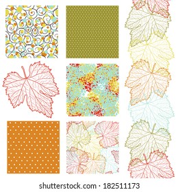 set of 6 elegant seamless patterns with decorative grape leaves, dots and abstract flowers, design elements