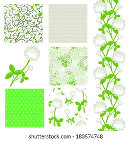 set of 6 elegant seamless patterns with decorative white clovers, dots and abstract flowers, design elements