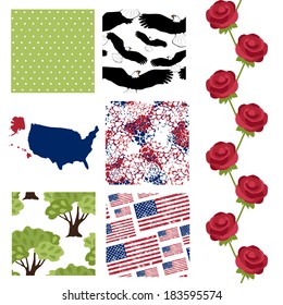 set of 6 elegant seamless patterns with United States of America map, flag and principal symbols, design elements