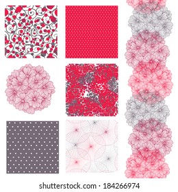 set of 6 elegant seamless patterns with decorative verbena flowers, dots and circles, design elements