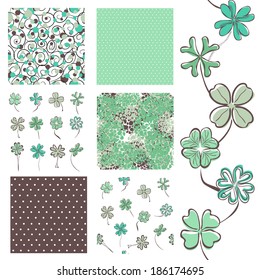 set of 6 elegant seamless patterns with four leaf lucky clovers, dots and abstract flowers, design elements