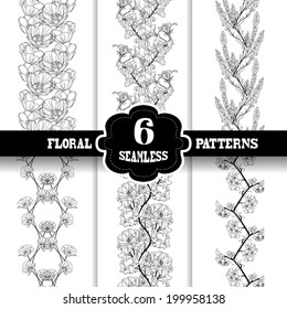 Set of 6 elegant seamless patterns with hand drawn decorative flowers, design elements. Floral patterns for wedding invitations, greeting cards, scrapbooking, print, gift wrap, manufacturing.