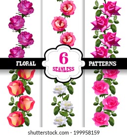 Set of 6 elegant seamless patterns with mesh decorative flowers, design elements. Floral patterns for wedding invitations, greeting cards, scrapbooking, print, gift wrap, manufacturing. Love symbols