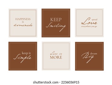 Set of 6 elegant social media quote posts. Square typography cards in earthy colors. 