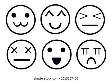 Set of 6 emotion icons. emotions in anime style. vector. isolated black Emoji on white background