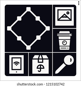 Set of 6 empty filled icons such as coffee cup, square, package, tablet, pin