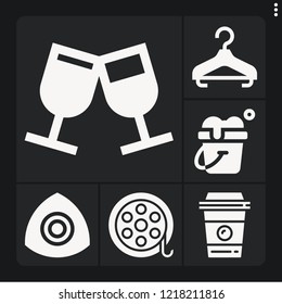 Set of 6 empty filled icons such as film reel, coffee cup, bucket, wine glass, hanger