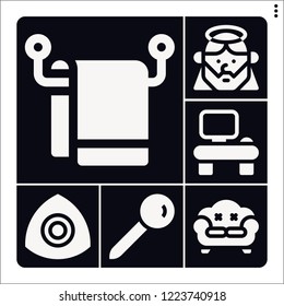 Set of 6 empty filled icons such as towel, desk, jesus, pin, sofa