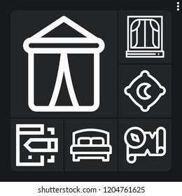 Set of 6 empty outline icons such as tent, window, treasure map, pillow, smartphone