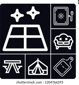 Set of 6 empty outline icons such as lightbox, floor, kitchen board, sofa, tent
