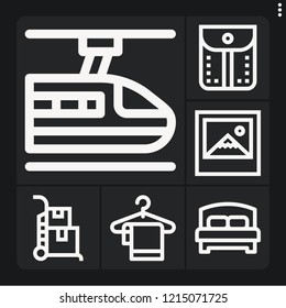 Set of 6 empty outline icons such as trolley, subway, picture, pocket, towels
